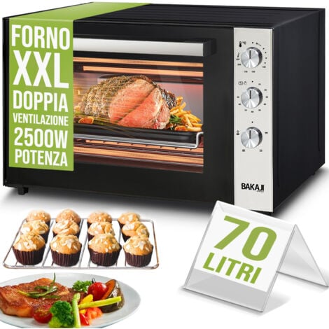 BAKAJI Forno Elettrico XXL 70 Litri 2500 W Fornetto Ventilato Timer e Segnale Acustico