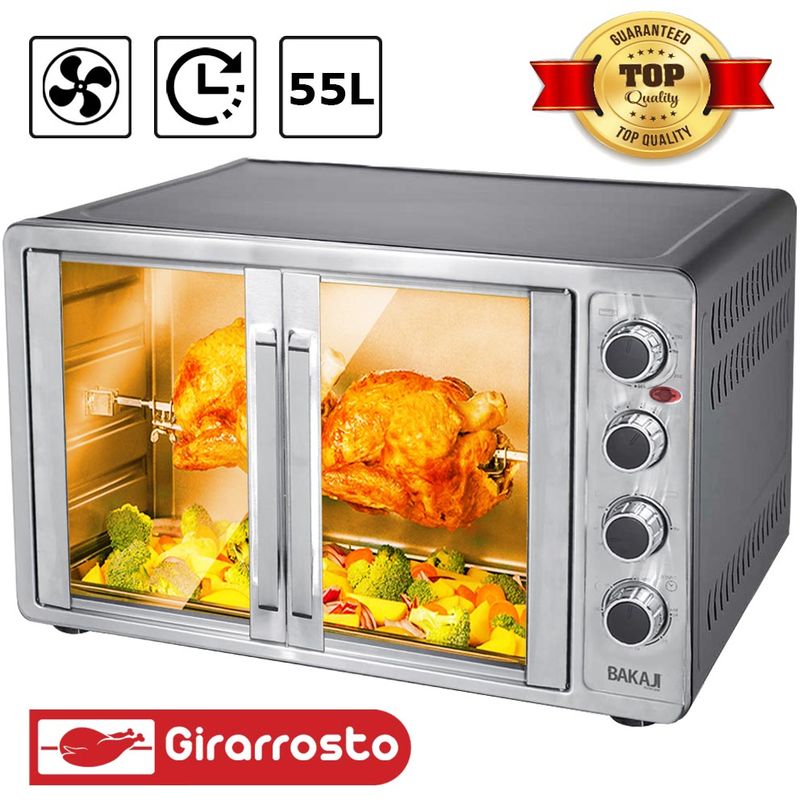 Bakaji - Forno Fornetto Elettrico Ventilato 55 lt 2200 w Luce Doppia Porta Girarrosto