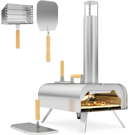Forno per Pizza a Pellet 79x36x75 cm con Pietra Refrattaria e Pala in Acciaio Inox Argento