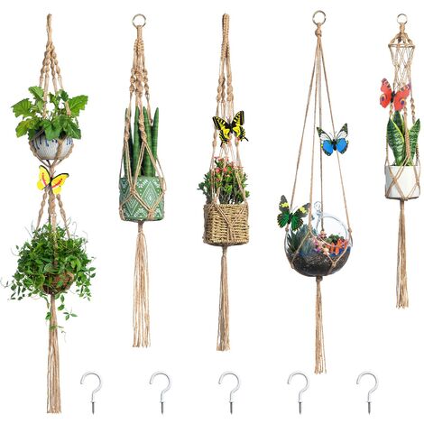 Foroo 5-Pack Macrame Plant Hangers with 5 Hooks, Handmade Cotton Rope Hanging Planters Set Flower Pots Holder Stand, for Indoor Outdoor Boho Home Decorate - White