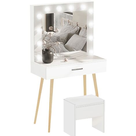 Foroo Dressing Table with LED Lights Mirror Vanity Makeup Table Set with 12 Light Bulbs, Cushioned Stool and Make-up Organizer Drawer