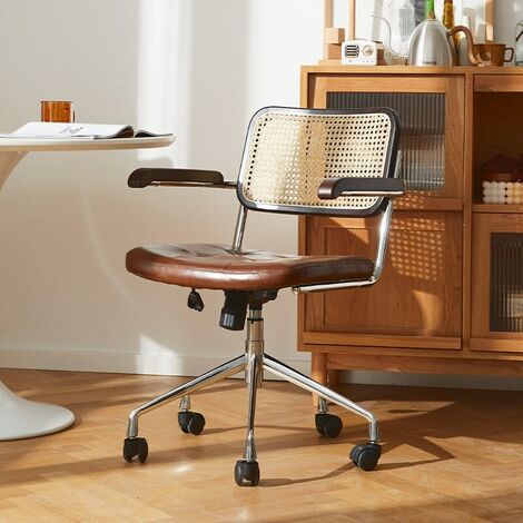 Foroo Rattan computer office chair Japanese retro rotating chair comfortable storage study desk seat breathable armrest rattan chair