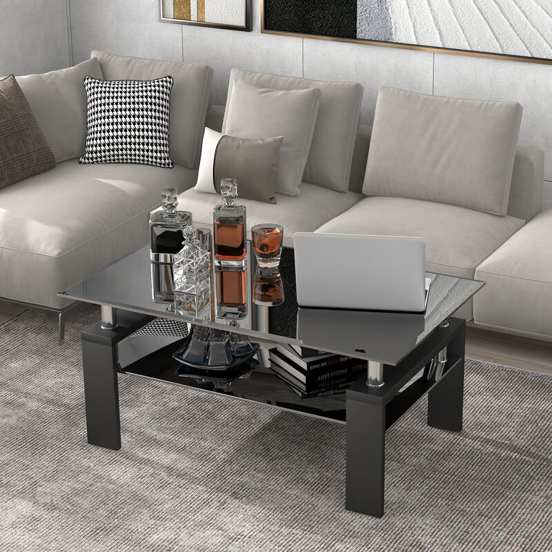Foroo - Table basse en verre trempé, table à thé rectangulaire moderne noire avec étagère inférieure et pieds en bois