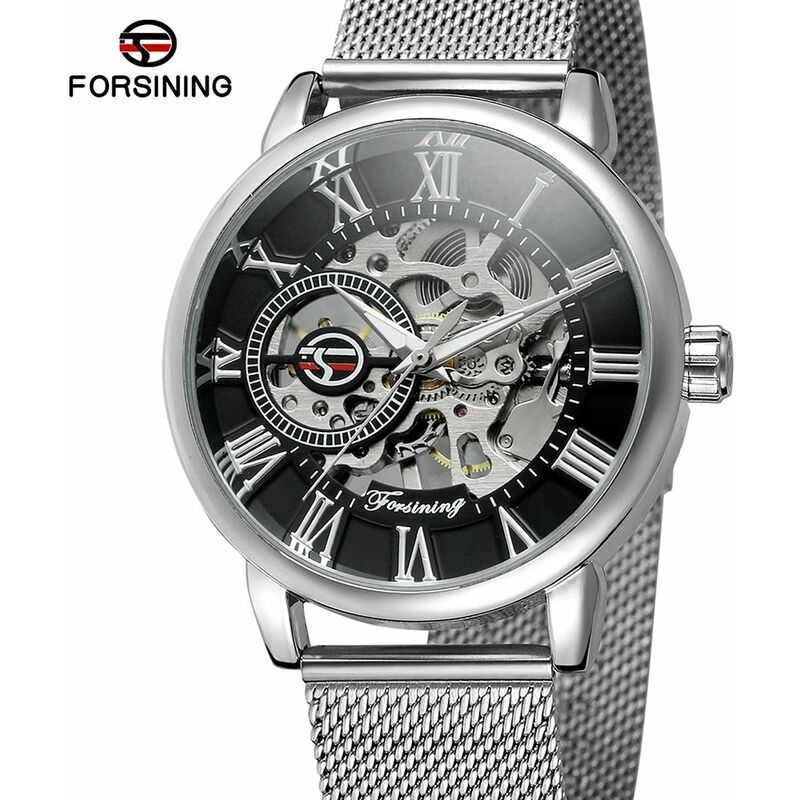 

Fashion Relojes para hombres Esqueleto Noctilucente Movimiento mecanico Numeros romanos Impermeable Esfera analogica de negocios Correa de acero