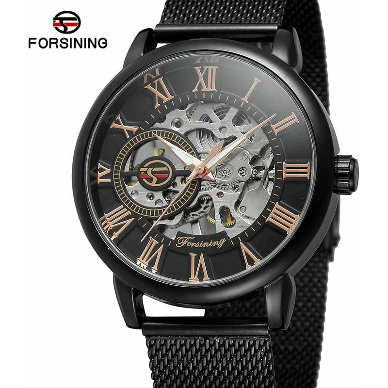 

Fashion Relojes para hombres Esqueleto Noctilucente Movimiento mecanico Numeros romanos Impermeable Esfera analogica de negocios Correa de acero