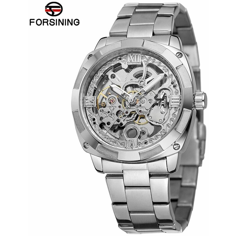 

Hombres Esqueleto de lujo de cuerda automatica Relojes mecanicos Exquisito reloj de pulsera de acero inoxidable,Plata - Forsining