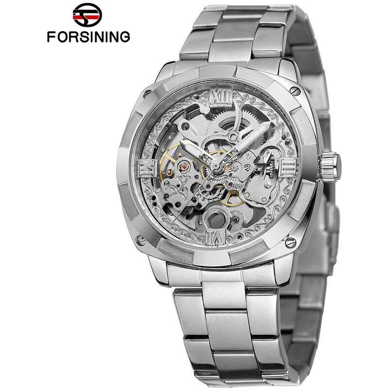 

Hombres Esqueleto de lujo de cuerda automatica Relojes mecanicos Exquisito reloj de pulsera de acero inoxidable,Plata - Forsining