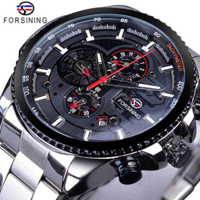 

FORSINING hombres tres diales banda de acero inoxidable calendario reloj analogico impermeable automatico reloj de pulsera mecanico,Negro y plata