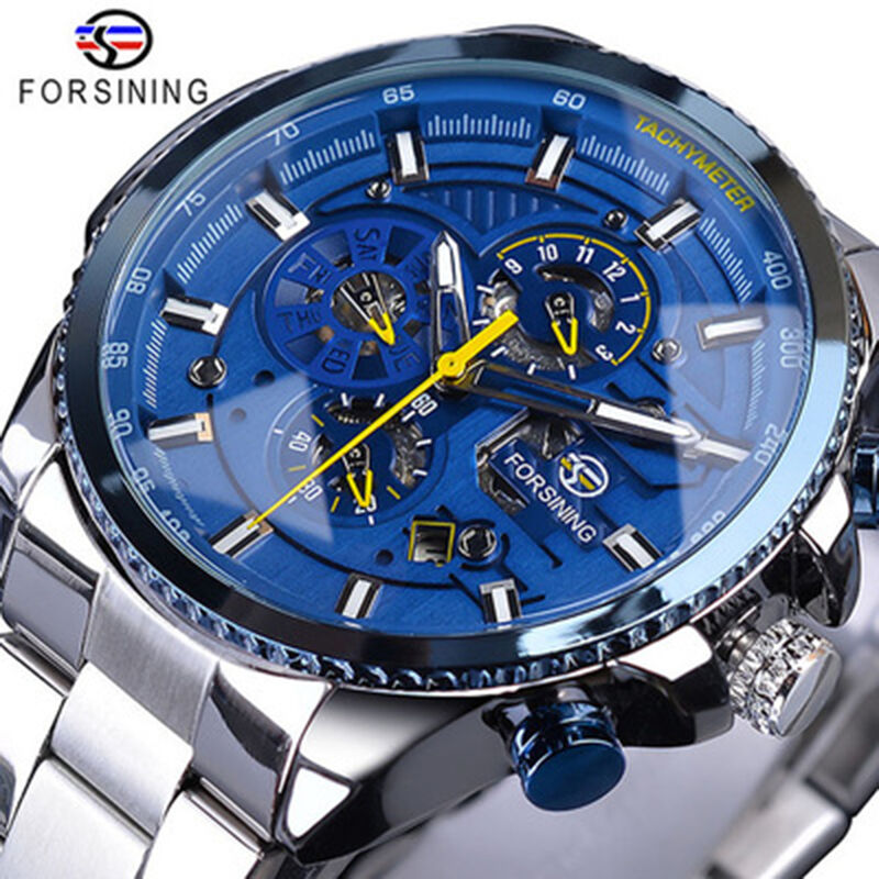 

hombres tres diales banda de acero inoxidable calendario reloj analogico impermeable automatico reloj de pulsera mecanico,Azul y plata - Forsining