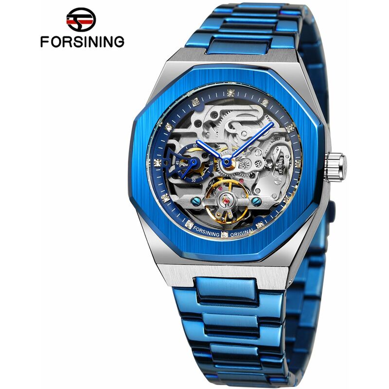 

Reloj mecanico automatico para hombre con correa de acero inoxidable Reloj de pulsera con pantalla luminosa de diseno hueco,Azul - Forsining