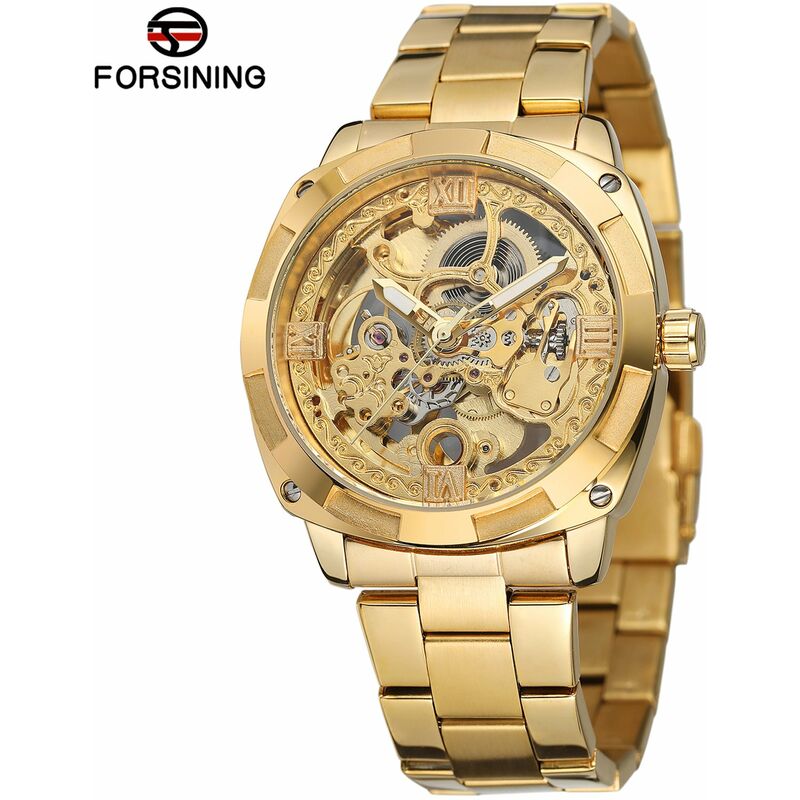 

Reloj mecanico automatico para hombre con reloj de pulsera de moda con correa de acero inoxidable,Oro - Forsining