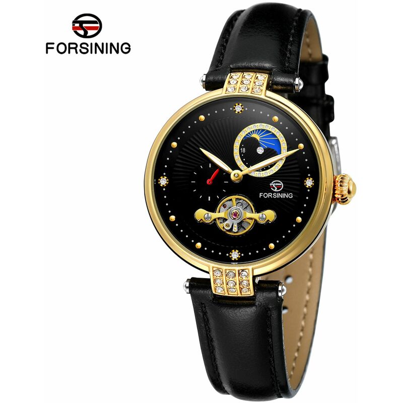

Reloj mecanico automatico para mujer con correa de cuero Reloj de pulsera con pantalla luminosa de diseno hueco para mujer,Oro negro - Forsining