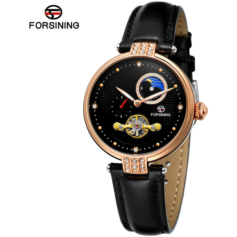 

Reloj mecanico automatico para mujer con correa de cuero Reloj de pulsera con pantalla luminosa de diseno hueco para mujer,Negro y oro rosa