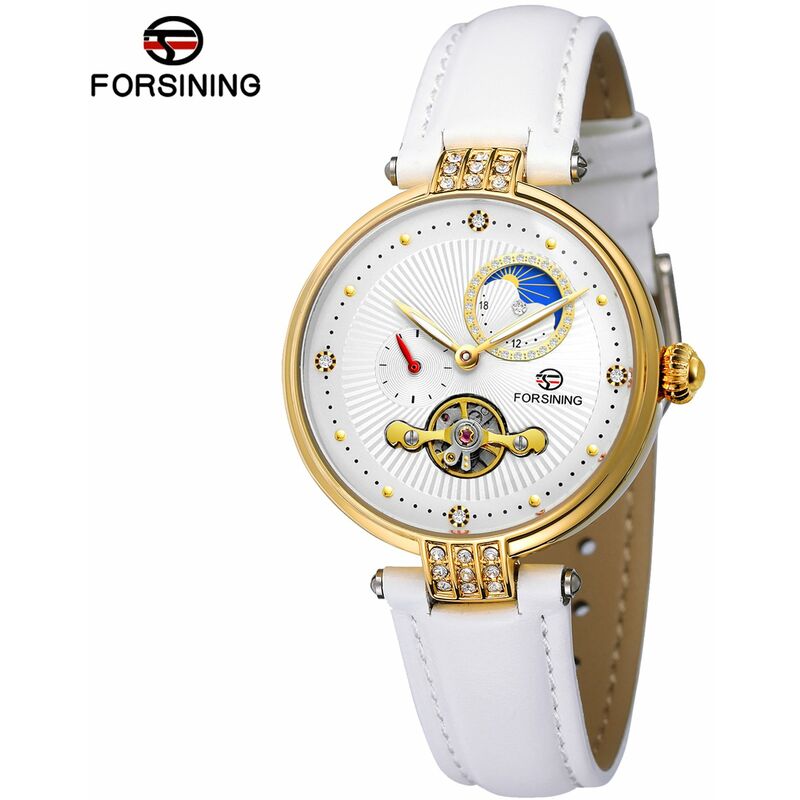 

Reloj mecanico automatico para mujer con correa de cuero Reloj de pulsera con pantalla luminosa de diseno hueco para mujer,blanco - Forsining