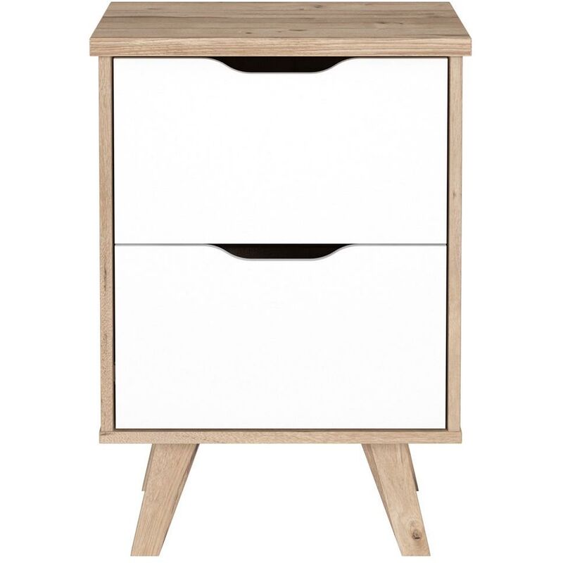 Forte Scandinavian 2 Drawer Bedside Cabinet - Matt White & Light Oak - White
