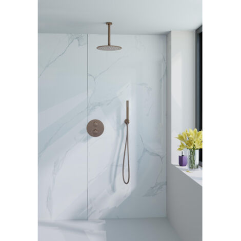 Fortifura Calvi Colonne de douche pluie - encastrable - ronde - thermostatique - bras mural - pomme 25cm - douchette stick - cuivre
