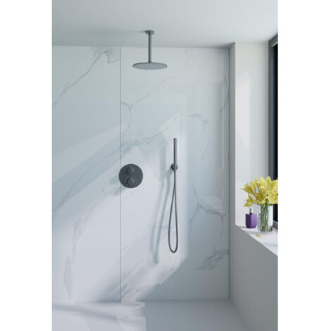 Fortifura Calvi Colonne de douche pluie - encastrable - ronde - thermostatique - bras plafond - pomme 25cm - douchette stick - gunmetal PVD