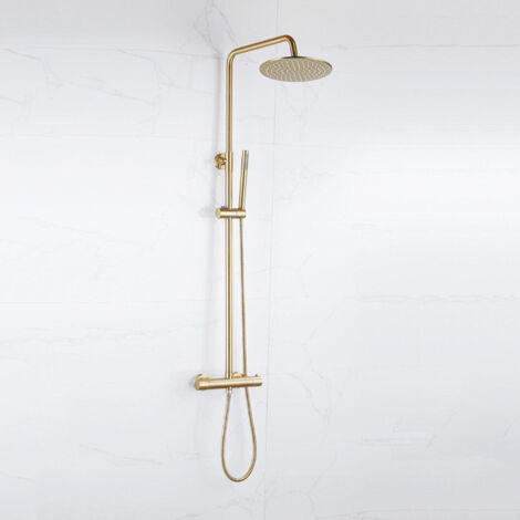 Fortifura Calvi Colonne de douche thermostatique - pomme de douche 25cm - flexible lisse - douchette stylo - laiton brossé PVD