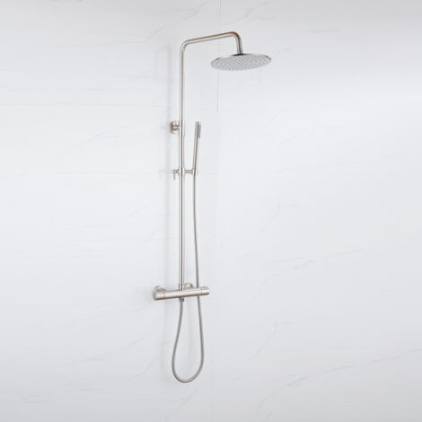 Fortifura Calvi Colonne de douche thermostatique - pomme de douche 30cm - flexible en métal - douchette stylo - inox brossé PVD