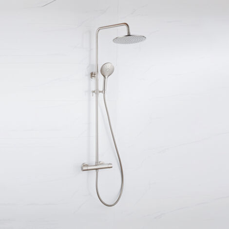 Fortifura Calvi Colonne de douche thermostatique - pomme de douche 30cm - flexible lisse - douchette ronde - inox brossé PVD