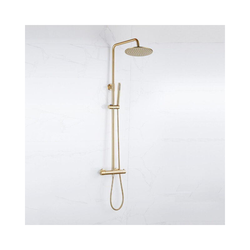 Calvi Ensemble de douche thermostatique avec Tête de douche pluie ronde de 25 cm et douchette à main, en laiton brossé pvd - Fortifura