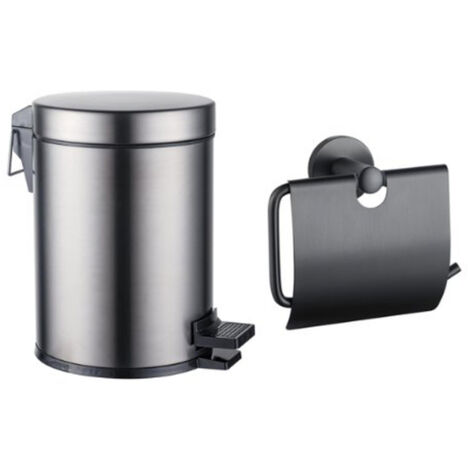 Fortifura Calvi ensemble d'accessoires pour toilettes - porte-rouleau - avec couvercle - poubelle à pédale - 5 litres - gunmetal brossé