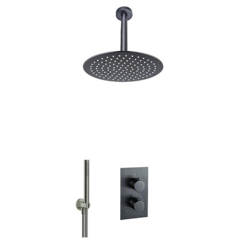 Fortifura calvi ensemble de douche à effet pluie encastré avec thermostat bras de plafond de 25cm douche de tête avec tige douchette gunmetal pvd