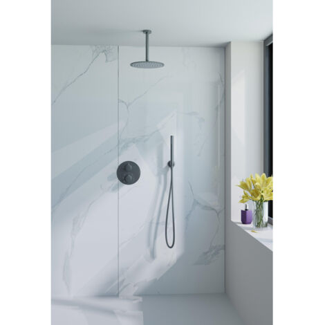 Fortifura Calvi Ensemble de douche à encastrer - rond - thermostatique - bras plafond - douche principale de 25 cm - douchette à main - flexible de