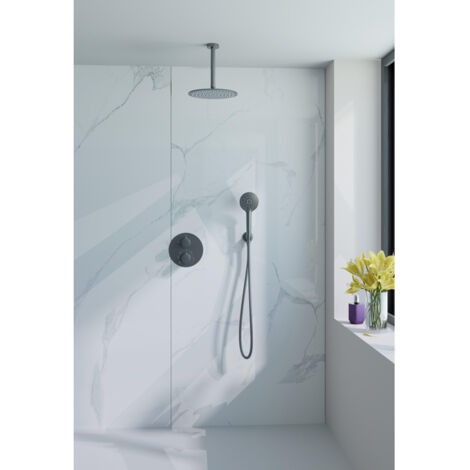 Fortifura Calvi Ensemble de douche à l'italienne - rond - thermostatique - bras plafond - douche principale de 25 cm - douchette ronde - flexible