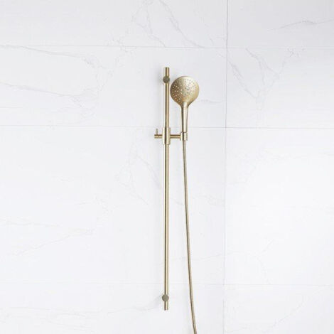 Fortifura Calvi Ensemble de douche avec barre curseur - douchette ronde - flexible en métal - Laiton brossé (doré)