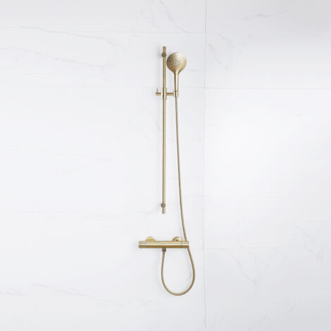 Fortifura Calvi Ensemble de douche barre curseur avec douchette ronde, flexible en métal et robinet de douche Laiton brossé PVD