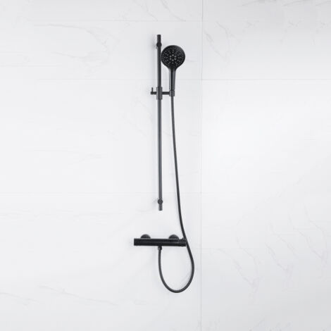 Fortifura Calvi Ensemble de douche barre curseur avec douchette ronde, flexible en métal et robinet de douche Noir mat
