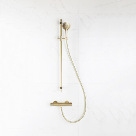 Fortifura Calvi Ensemble de douche barre curseur avec douchette ronde, flexible lisse et robinet de douche Laiton brossé PVD