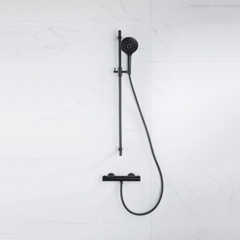 Fortifura Calvi Ensemble de douche barre curseur avec douchette ronde, flexible lisse et robinet de douche Noir mat