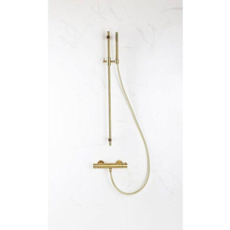 Fortifura Calvi Ensemble de douche barre curseur avec douchette stick, flexible en métal et robinet de douche Laiton brossé PVD
