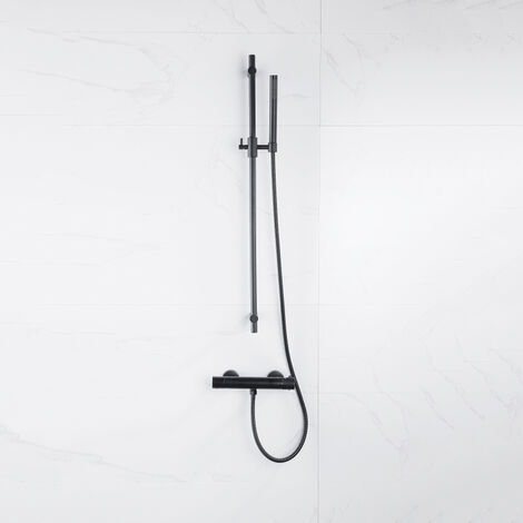 Fortifura Calvi Ensemble de douche barre curseur avec douchette stick, flexible en métal et robinet de douche Noir mat