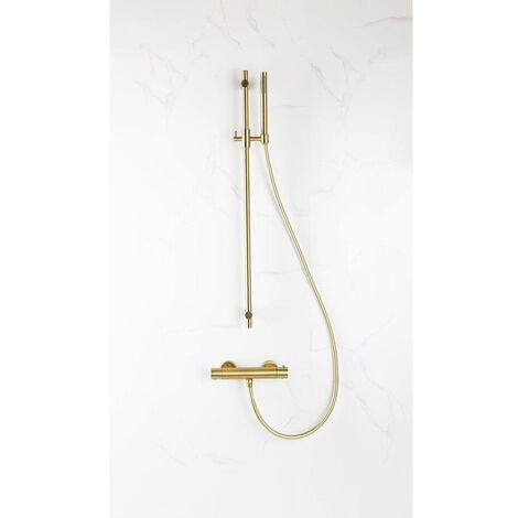 Fortifura Calvi Ensemble de douche barre curseur avec douchette stick, flexible lisse et robinet de douche Laiton brossé PVD