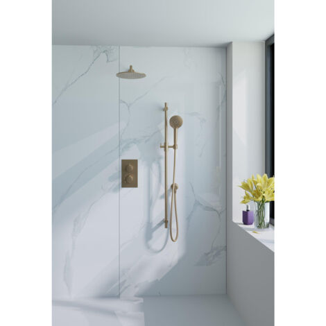 Fortifura Calvi Ensemble de douche pluie encastrable - thermostatique - bras mural - barre curseur - pommeau 25cm - douchette ronde - Laiton brossé