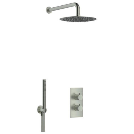 Fortifura Calvi Ensemble de douche pluie encastrable - thermostatique - bras mural - pommeau 25cm - douchette stick - flexible en métal - Gunmetal