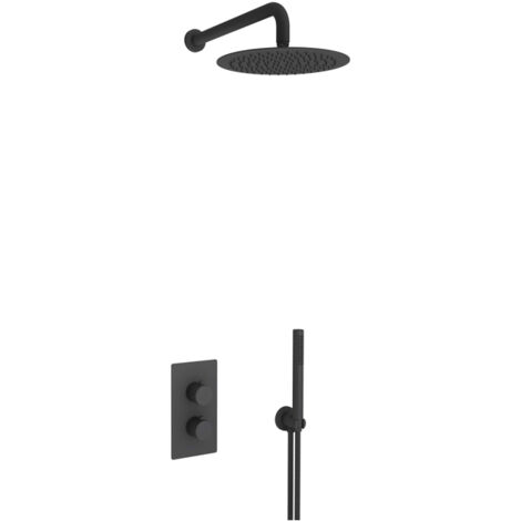 Fortifura Calvi Ensemble de douche pluie encastrable - thermostatique - bras mural - pommeau 25cm - douchette stick - flexible en métal - Noir mat