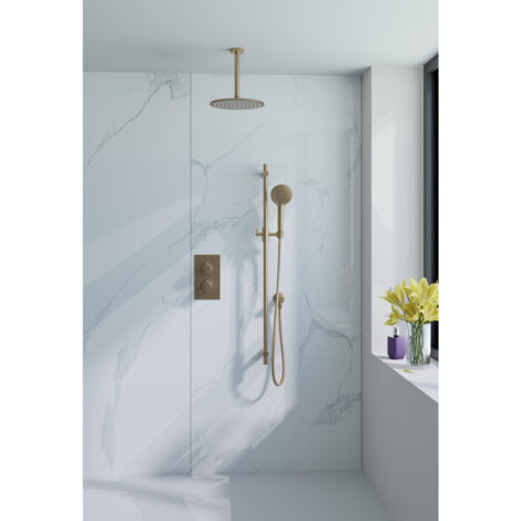 Fortifura Calvi Ensemble de douche pluie encastrable - thermostatique - bras plafond - barre curseur - pommeau 25cm - douchette ronde - Laiton brossé