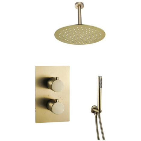 Fortifura Calvi Ensemble de douche pluie encastrable - thermostatique - bras plafond - pommeau 25cm - douchette stick - flexible lisse - Laiton brossé