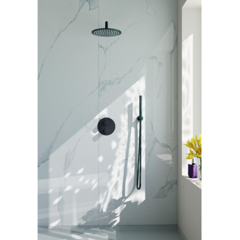 Fortifura Calvi Ensemble de douche pluie encastré - rond - thermostatique - bras mural - douche principale de 25 cm - flexible en métal - douchette à
