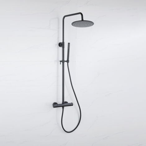 Fortifura Calvi Ensemble de douche pluie - thermostatique - douche principale 25cm - flexible lisse - douchette à main - noir mat