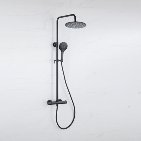 Fortifura Calvi Ensemble de douche pluie - thermostatique - douche principale 30cm - flexible lisse - douchette ronde - noir mat