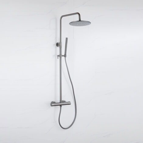 Fortifura Calvi Ensemble de douche pluie - thermostatique - douche principale de 25 cm - flexible lisse - douchette à main - Gunmetal PVD brossé