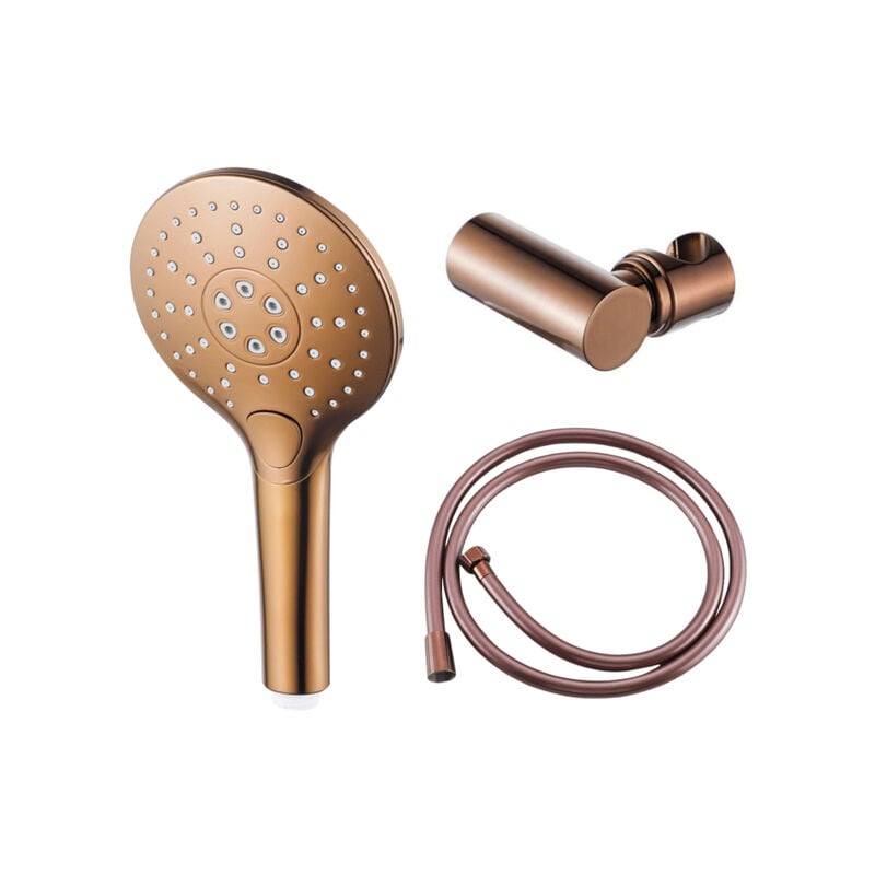 Calvi Ensemble de douchette - Ø12 - rond - 3 types de jets - avec support - avec flexible lisse - 150cm - cuivre brossé pvd - Fortifura