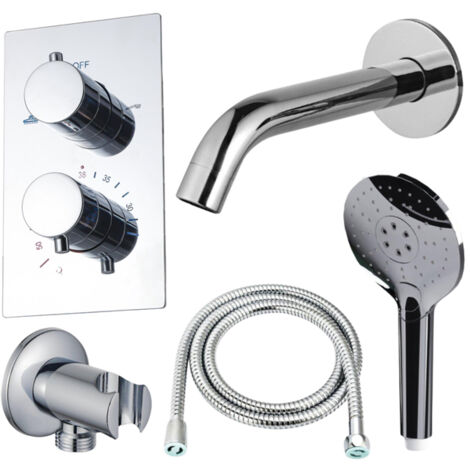 Fortifura Calvi Ensemble de robinet de baignoire - bec - 22cm réductible - flexible en métal - douchette ronde - partie encastrable - support mural -