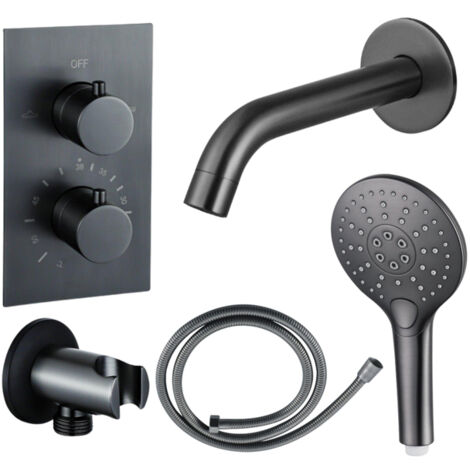 Fortifura Calvi Ensemble de robinet de baignoire - bec - 22cm réductible - flexible en métal - douchette ronde - partie encastrable - support mural -