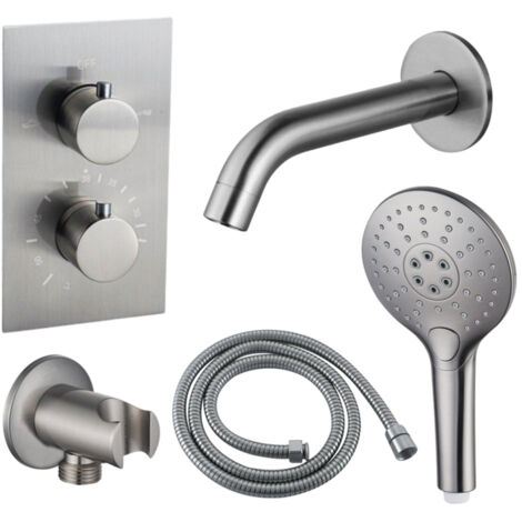Fortifura Calvi Ensemble de robinet de baignoire - bec - 22cm réductible - flexible en métal - douchette ronde - partie encastrable - support mural -
